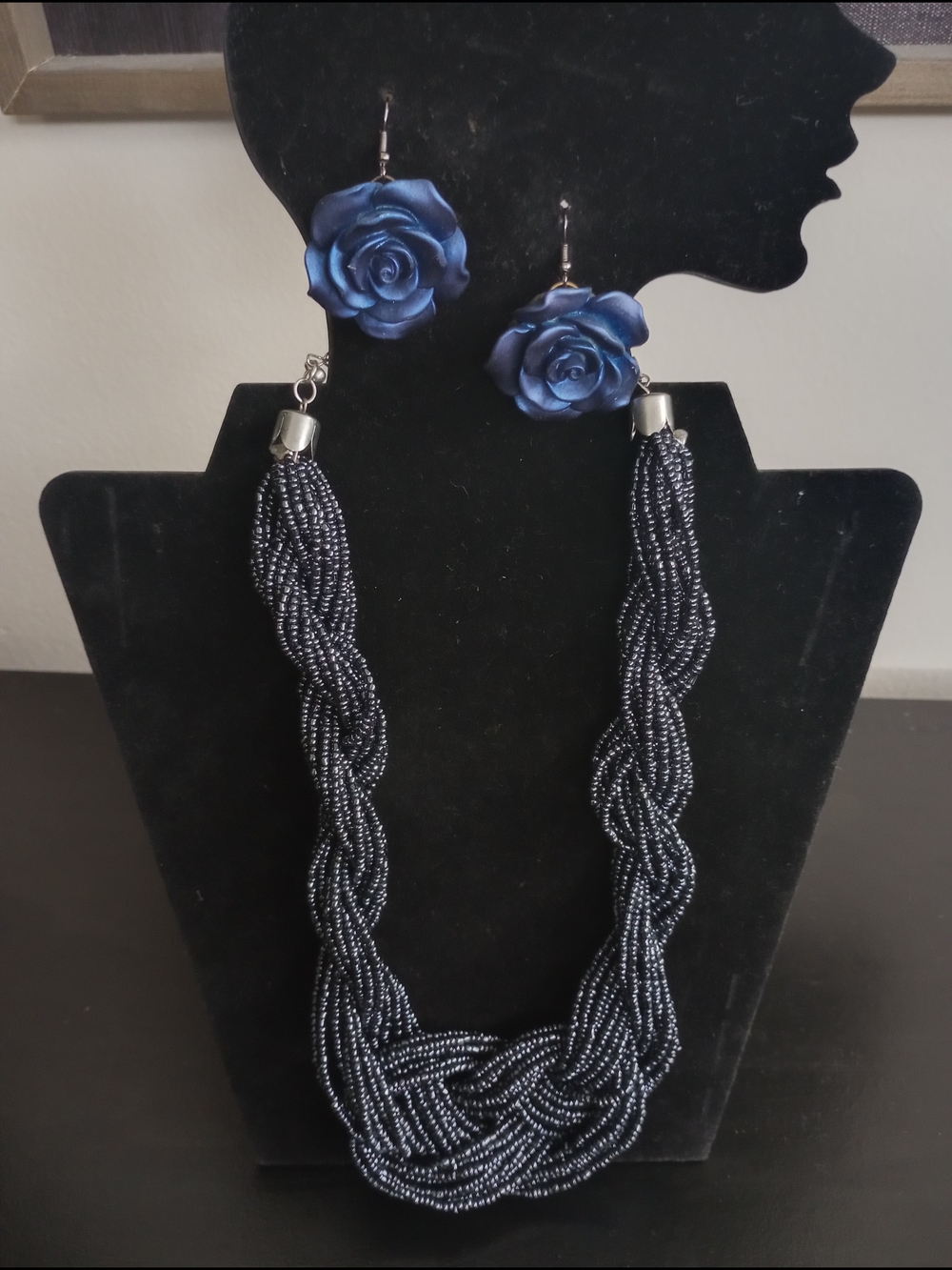 Blue Rose Flower Earrings and Twisted Necklace Set